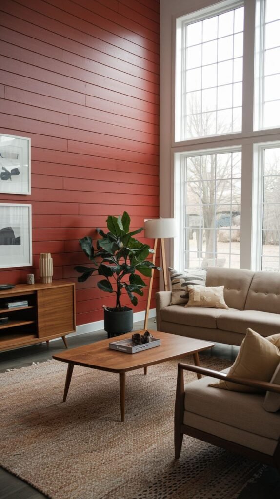 A living room with a two-story window opposite a tall wall of horizontal shiplap painted a rich reddish-brown or rust color.