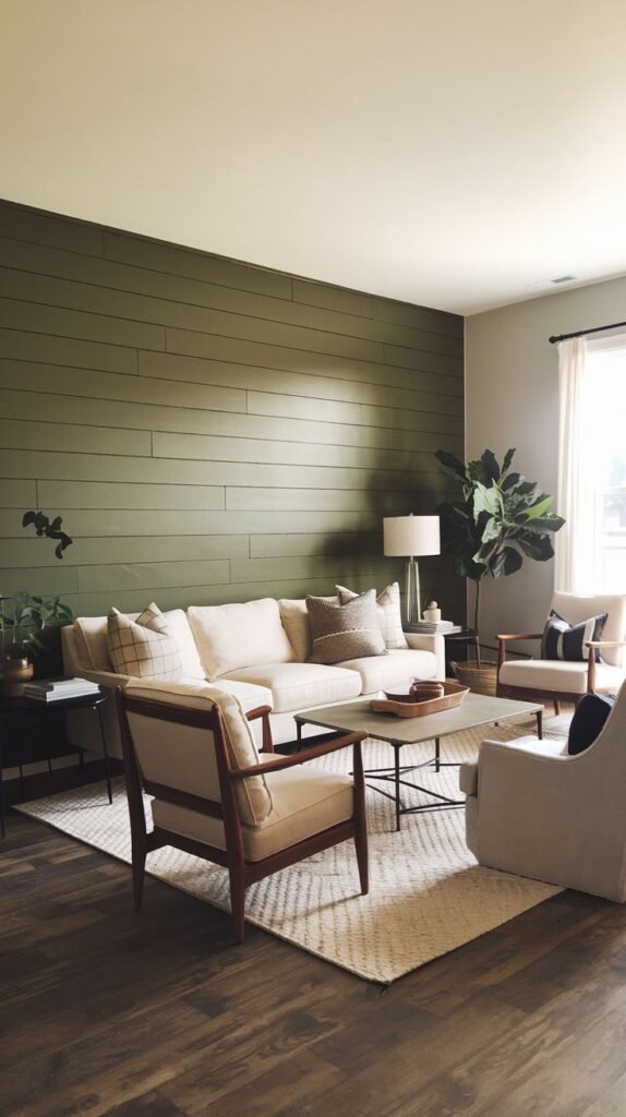 A living room defined by a horizontal shiplap accent wall painted in a muted olive green shade, contrasting with white and tan furniture.