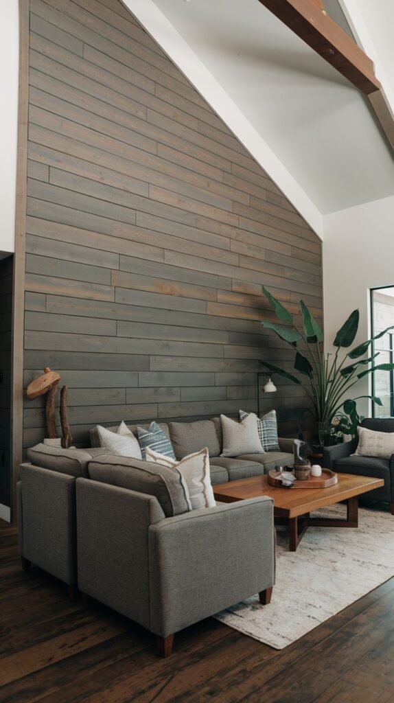A living room with a vaulted ceiling and a dramatic, slanted accent wall covered in horizontal shiplap stained a weathered gray-brown.