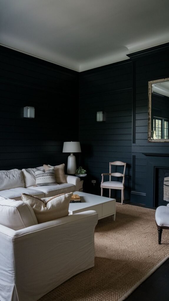 A moody interior space where the horizontal shiplap covers the walls and surrounding trim in a deep black or very dark color, contrasted by a white sofa.