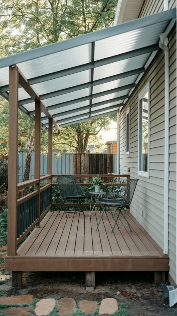 Raised wood deck with a shed roof made of translucent corrugated material on a metal frame. Features wood posts, dark metal railing, and a pair of dark wire-mesh chairs.