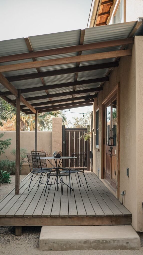 Elevated wood deck attached to a stucco house, covered by a rustic wooden frame and corrugated metal shed roof. Furnished with black wire patio furniture.