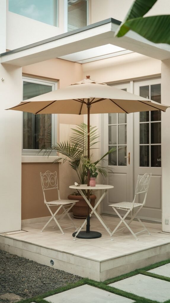 Recessed tiled courtyard patio with a solid overhang structure. Features a large beige freestanding umbrella centered over white decorative metal bistro furniture.