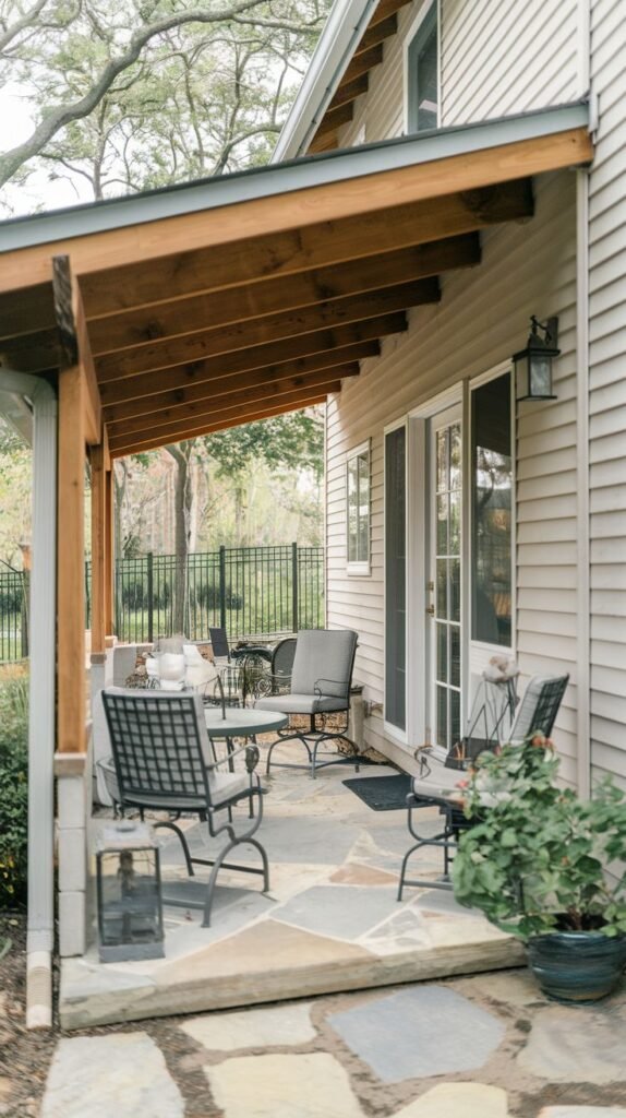 Covered patio featuring an irregular flagstone floor and a shed roof with a warm exposed wooden ceiling. Furnished with multiple black metal outdoor chairs.