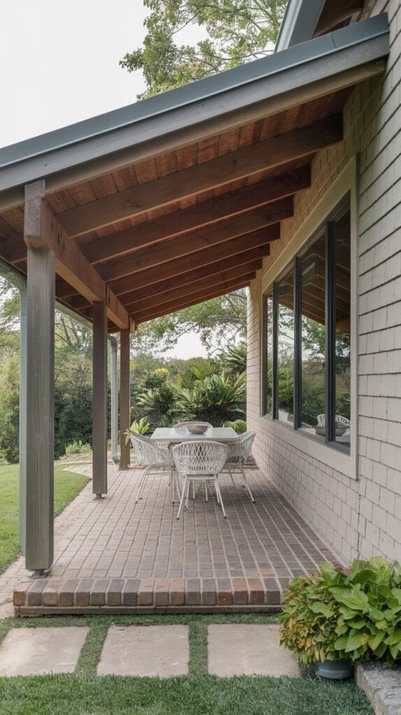 Long covered patio with brick paver flooring, shaded by a wide shed roof with exposed wood ceiling. Supported by square painted columns and furnished with a white woven dining set.