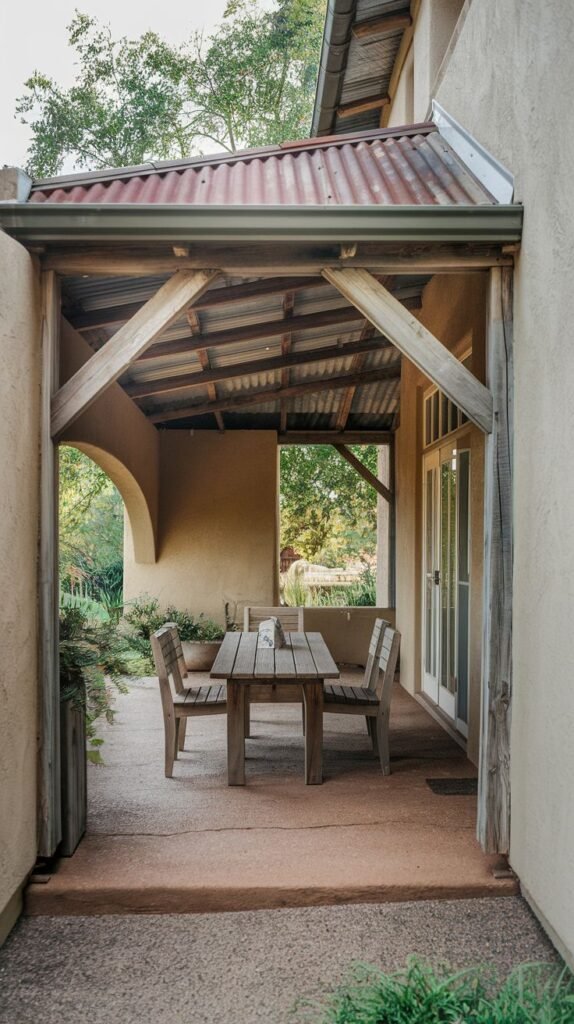 Deeply recessed patio with rustic stucco walls, covered by a gabled wooden structure and corrugated metal roof. Furnished with a solid wooden dining set.