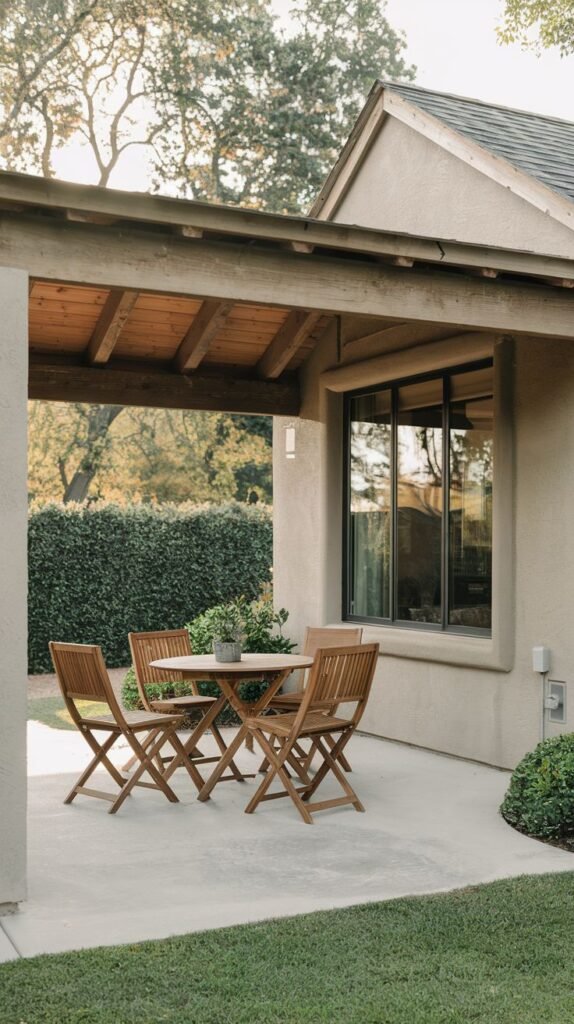 Wide covered concrete patio attached to a light stucco house, featuring a shed roof with a full exposed wooden ceiling. Furnished with a wooden folding table and chairs.