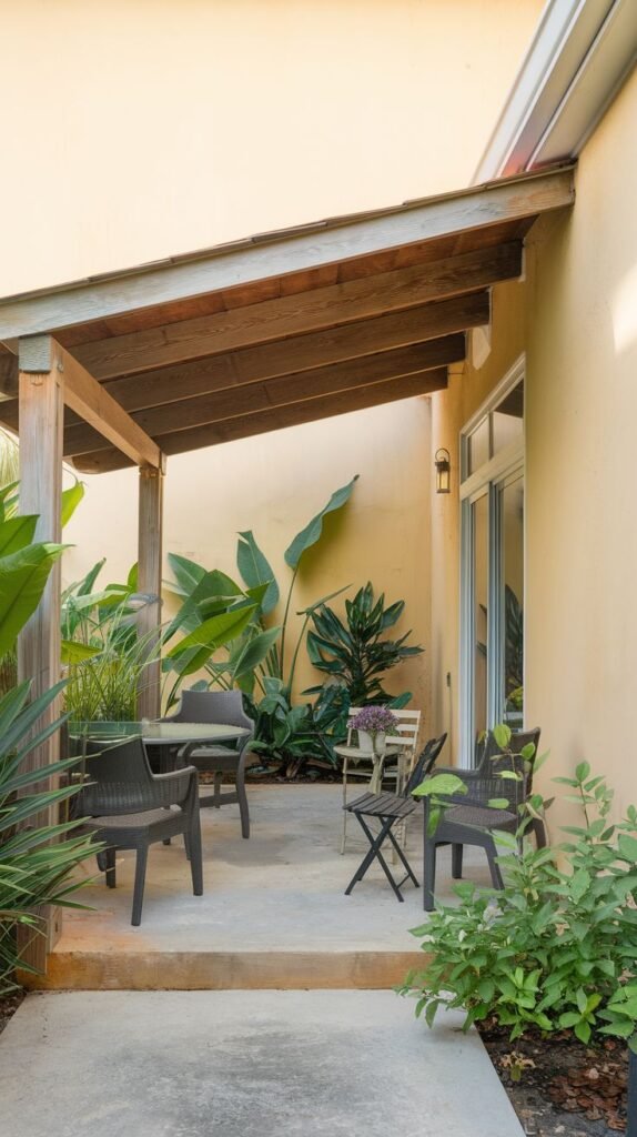 Covered concrete patio nook surrounded by lush tropical plants. Features a shed roof supported by simple wood posts and furnished with dark woven chairs.
