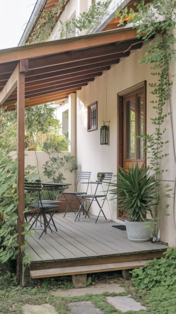 Raised wood deck patio with a dark shed roof structure and vines draped overhead. Furnished with black metal bistro chairs and a potted plant near the entryway.