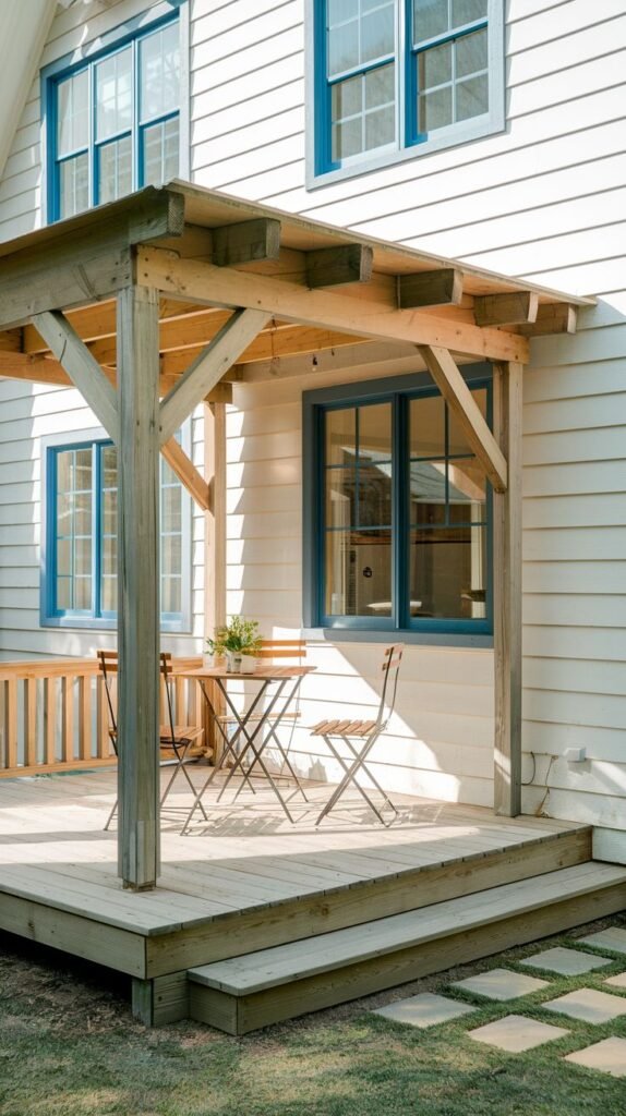 Elevated light wood deck with a simple angled shed roof structure. Attached to a white house with striking blue window trim, furnished with a folding wooden bistro set.