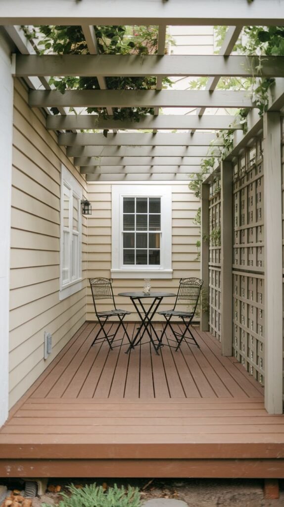 Narrow raised deck covered by a wooden pergola with partial vine coverage. Features a large wooden lattice privacy screen and a black metal bistro set.