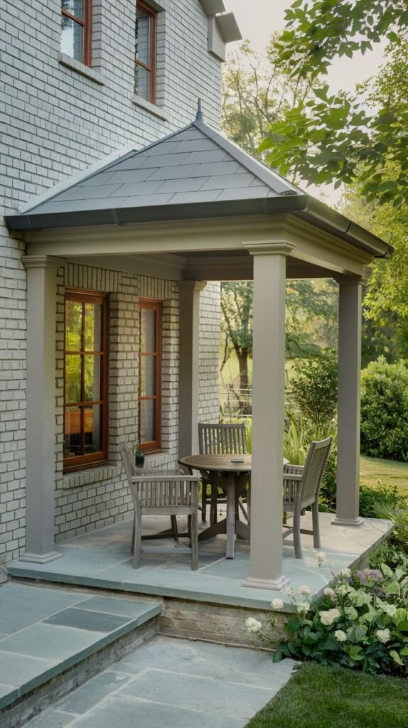 Formal patio with multiple stone levels and a hip roof clad in dark slate. Supported by thick, painted square columns and furnished with a round wooden outdoor dining set.