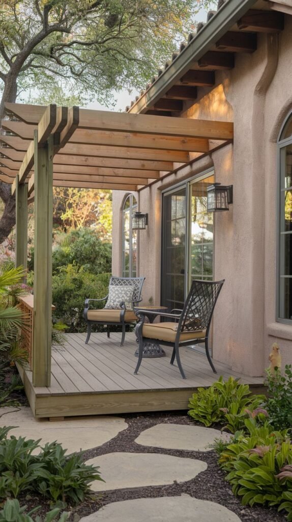 Raised wood deck patio covered by a wooden pergola structure. Furnished with two cushioned metal chairs, surrounded by garden landscaping and stepping stones.
