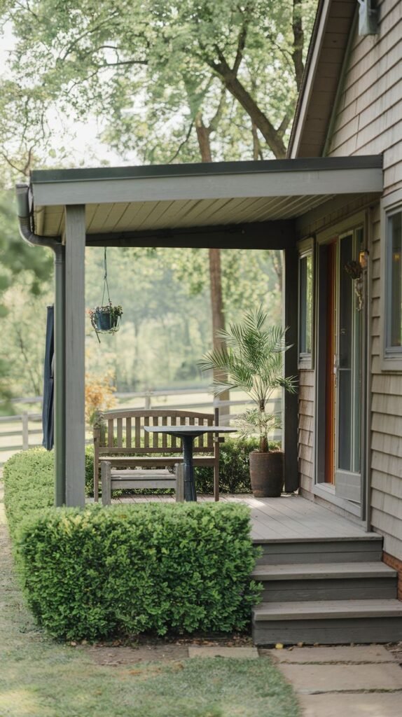 Elevated, gray-stained wood deck with a deep, flat shed roof overhang. Enclosed by a low, neatly trimmed hedge and furnished with a wooden bench.