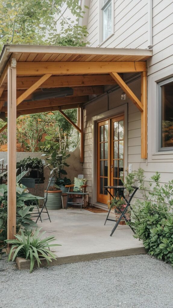 Covered concrete patio bordered by gravel, featuring a shed roof with prominent exposed wood framing. Furnished with black folding metal chairs and abundant potted plants.