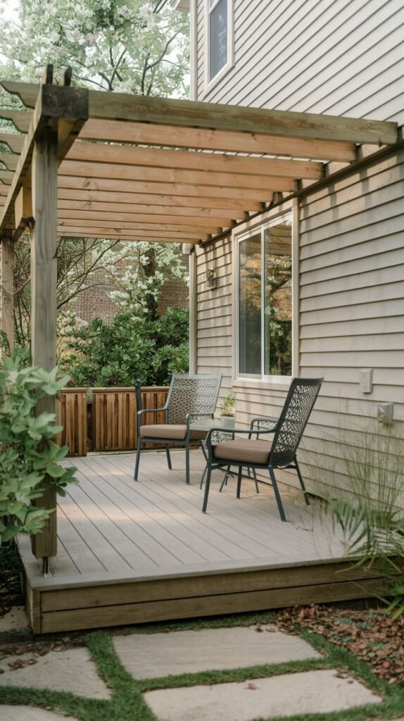 Small raised wood deck with an open wooden pergola structure. Features a partial wooden privacy screen and two dark metal chairs.