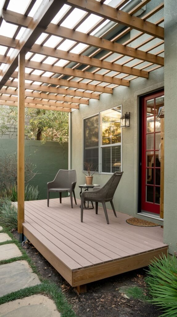 Small raised wood deck patio with an open slatted wooden pergola overhead. Furnished with two dark woven chairs near a prominent red entry door.