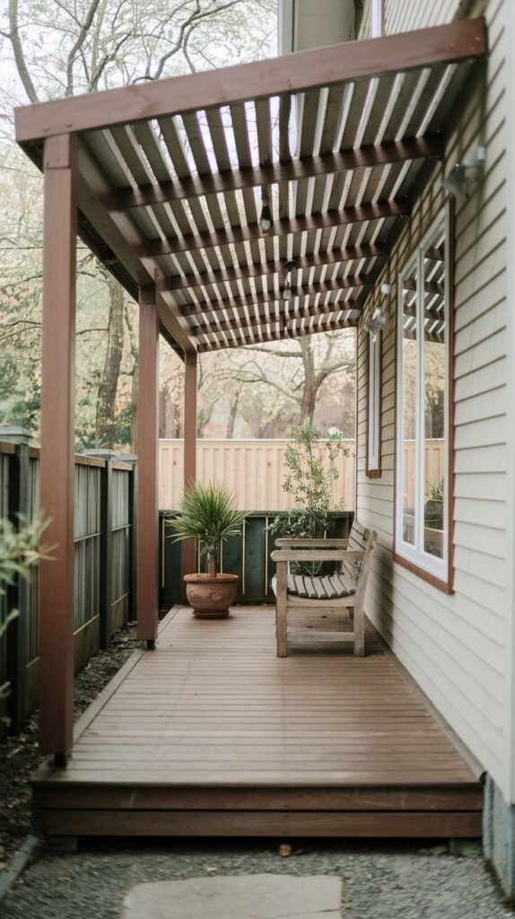 Long, narrow raised wood deck covered by a dark-stained wooden pergola with deep, closely spaced overhead slats. Furnished with a simple wooden bench.
