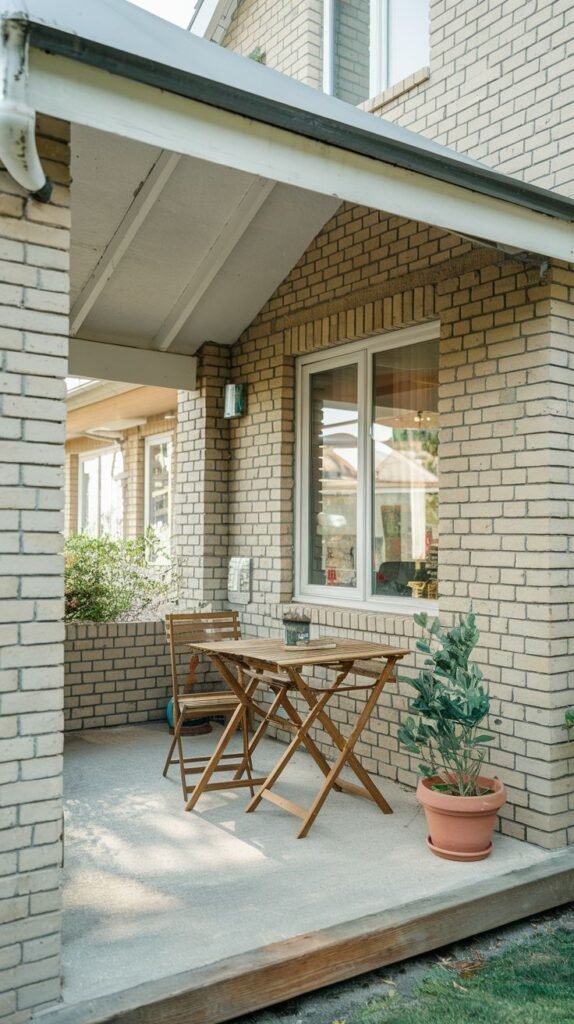 Small covered patio nook with light brick walls and columns, featuring a gabled roof. Furnished with a foldable wooden table and chair set on a concrete floor.