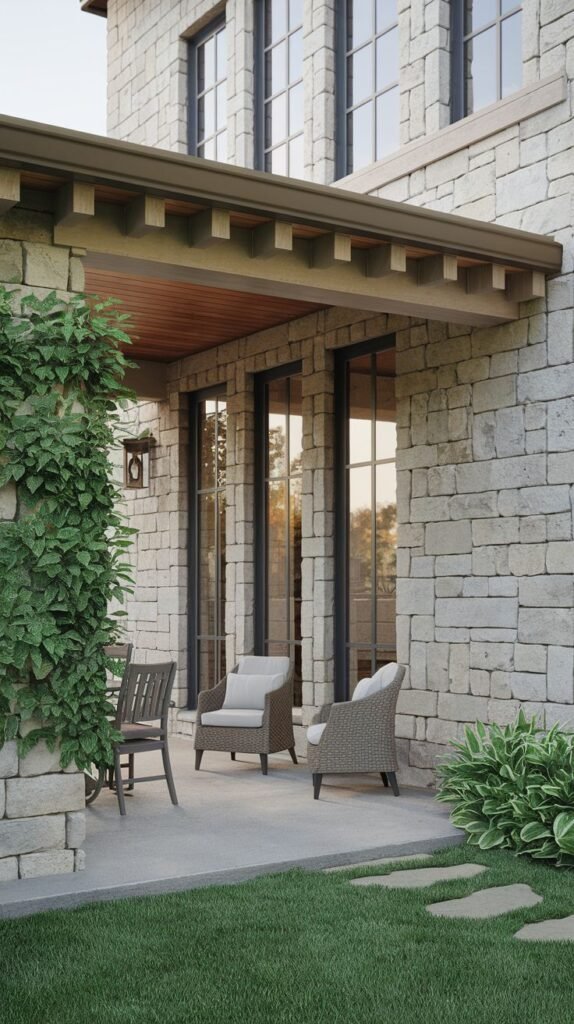 Covered concrete patio adjacent to a stone veneer house. Features a deep architectural overhang with an exposed wooden ceiling and comfortable cushioned wicker seating.