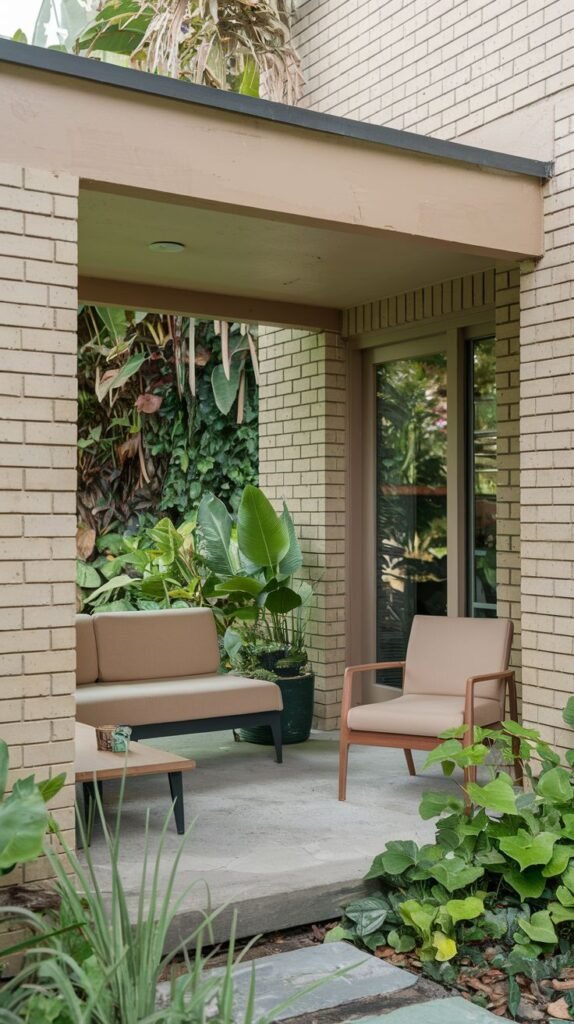 Recessed patio nook framed by light brick walls and a painted overhang. Features modern cushioned seating and a lush vertical green wall as a backdrop.