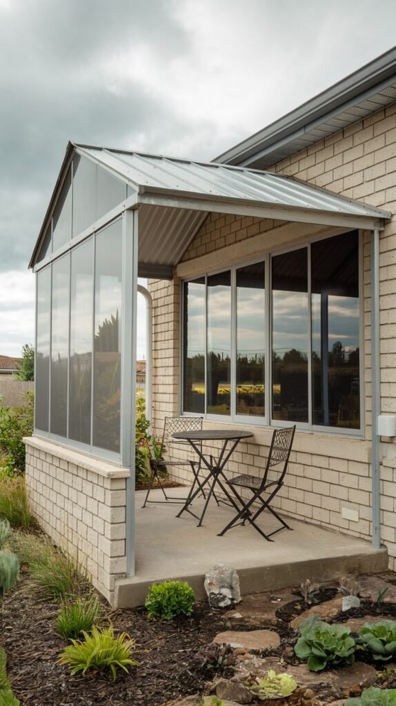 Partially enclosed sunroom patio with light brick walls, featuring a metal frame, glass panels, and a gabled roof with corrugated and translucent material. Furnished with a black metal bistro set.