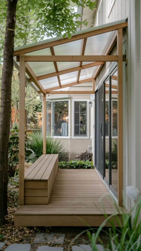 Raised wooden deck patio covered by a steeply angled wood frame shed roof with translucent panels. Features a built-in wooden bench and sliding glass doors.