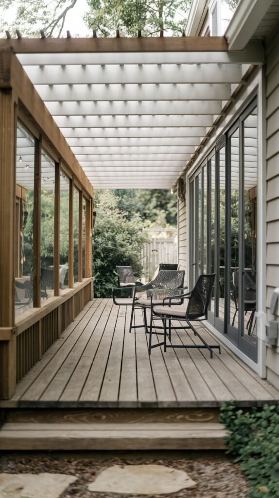Long elevated wood deck covered by a white wooden pergola. Features a glass-paneled sunroom-style enclosure running along one side.