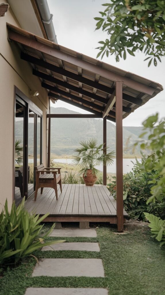 Elevated wood deck patio with a dark wood shed roof structure, overlooking a scenic valley or water view. Features a simple wooden chair and potted palm.