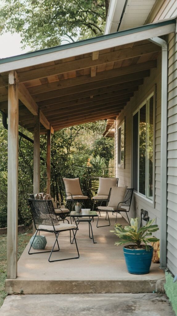Wide concrete patio covered by a shed roof with a full exposed wood ceiling. Furnished with a set of four cushioned metal lounge chairs.