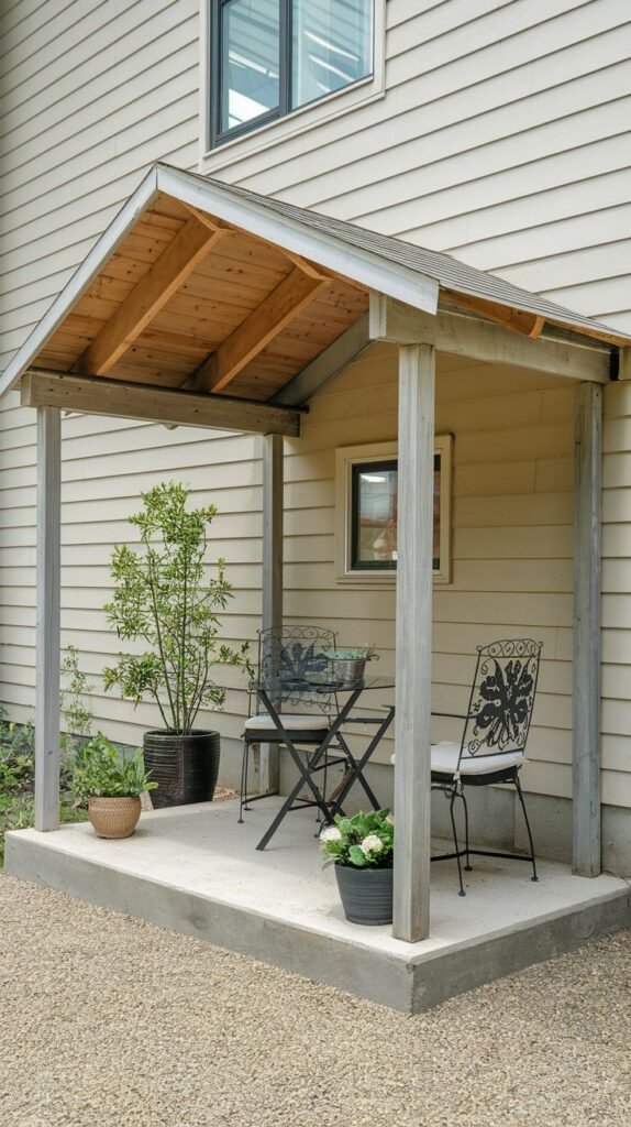 Small concrete patio entrance with a gabled roof cover and exposed wood ceiling. Furnished with a black decorative metal bistro set, set against a light-sided house.