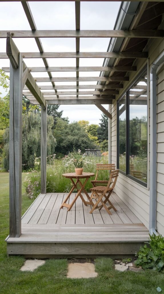Low raised wood deck patio covered by an open wooden pergola structure. Furnished with a wooden folding bistro set, situated near a lush garden.