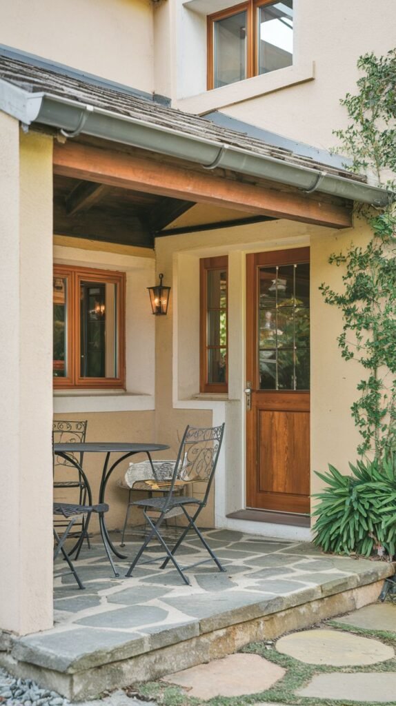 Recessed covered entrance patio featuring irregular flagstone flooring. Protected by a deep shed roof overhang and furnished with a dark ornate metal bistro set.