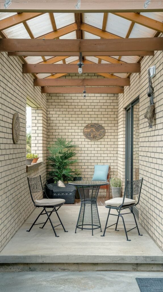 Deeply covered patio with light brick walls, featuring a translucent gabled roof structure with exposed wood beams. Furnished with black wire garden furniture.