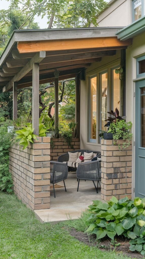 Small covered patio defined by light brick half-walls, exposed wood shed roof structure, and concrete floor. Features two dark woven chairs and a cushioned bench against a stucco house wall with large windows.