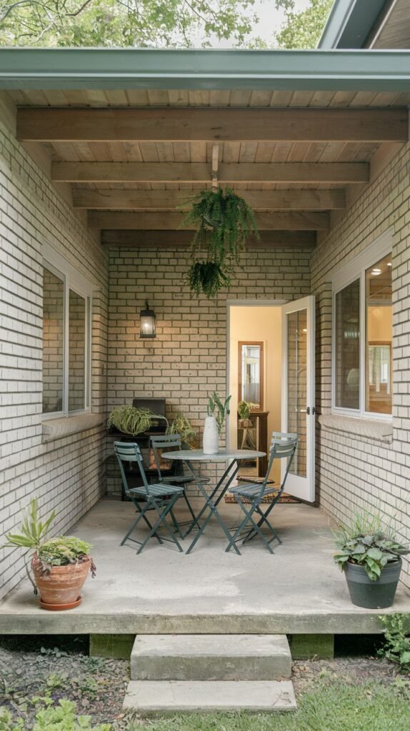 Recessed covered patio with light brick walls, exposed wood plank ceiling, and concrete floor. Features a small green metal bistro set located between two windows and an entryway.