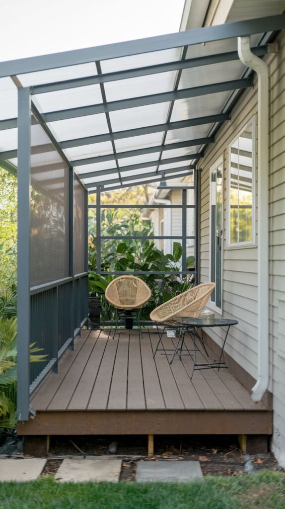 Modern elevated deck with dark metal frame and translucent shed roof, featuring a gray privacy screen. Furnished with two woven, low-slung chairs against light horizontal house siding.