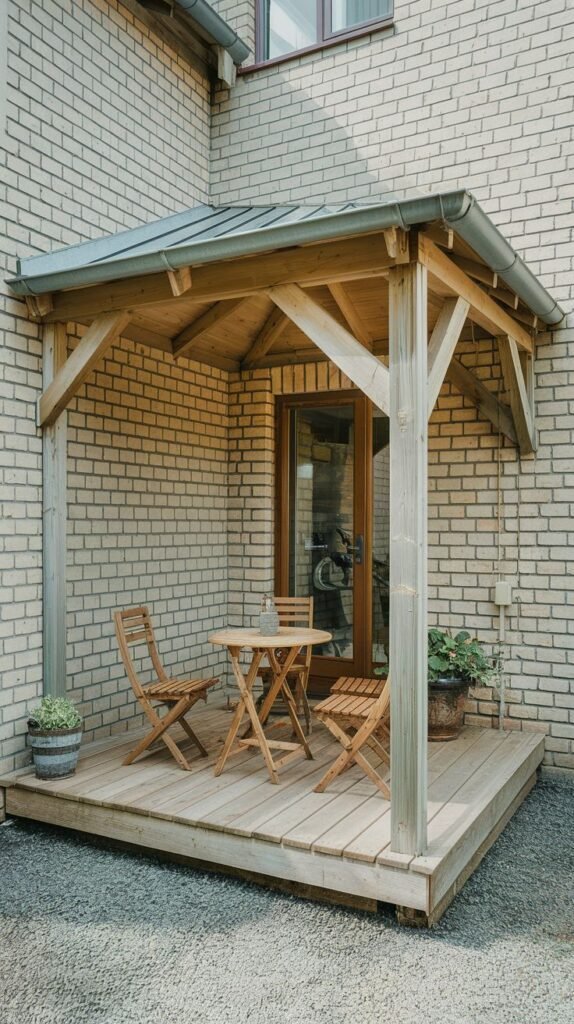 Freestanding gabled wood pavilion over a small raised wood deck set in gravel. Furnished with a natural wooden bistro set against a light brick house.