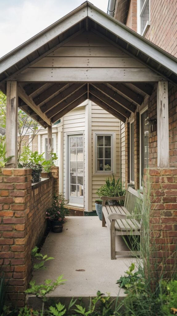 Long, narrow covered entryway porch with a gabled roof and exposed wood ceiling. Supported by substantial brick columns and walls, featuring a wooden bench on a concrete slab.