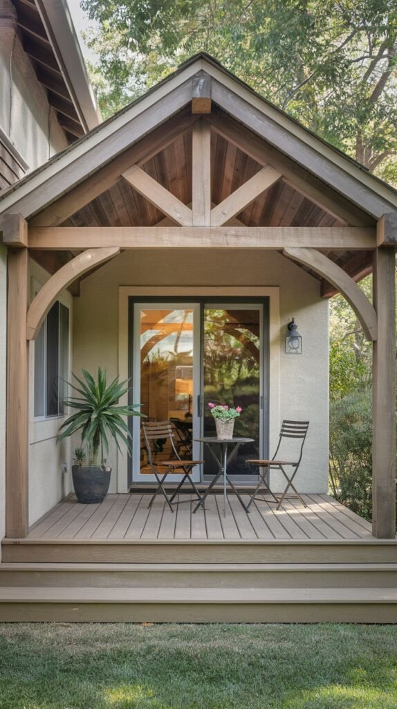 Covered raised wood deck with an exposed gabled timber frame roof structure and curved braces. Furnished with a small dark metal bistro set in front of sliding glass doors.