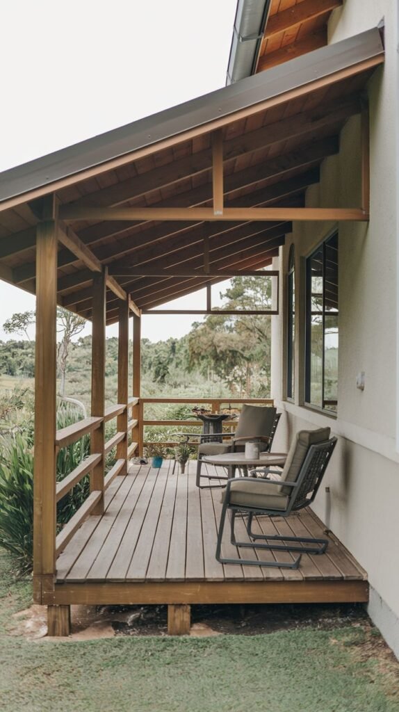 Elevated wooden deck patio with simple wood railing and a sloping shed roof with exposed wood ceiling. Furnished with two cushioned outdoor chairs, overlooking a wide view.