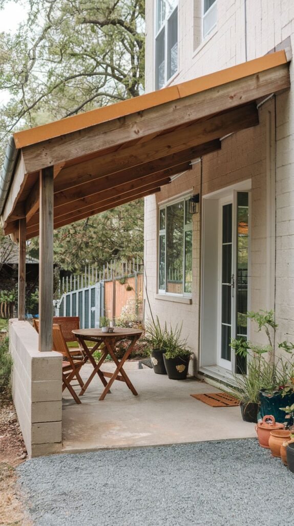 Small concrete patio adjacent to a light stucco house, enclosed by a low concrete block wall. Covered by a shed roof showing exposed wooden ceiling beams.