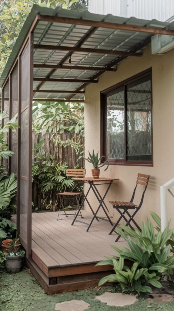 Small, private raised wood deck patio in dense greenery, covered by a metal-framed shed roof with corrugated panels. Features side screening and a folding wood bistro set.