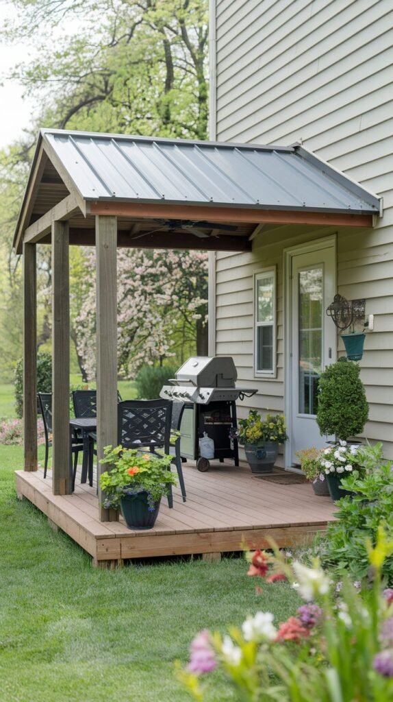Raised wood deck covered by a steep gabled metal roof structure. Designed as an outdoor cooking area with a large grill and black metal dining furniture.