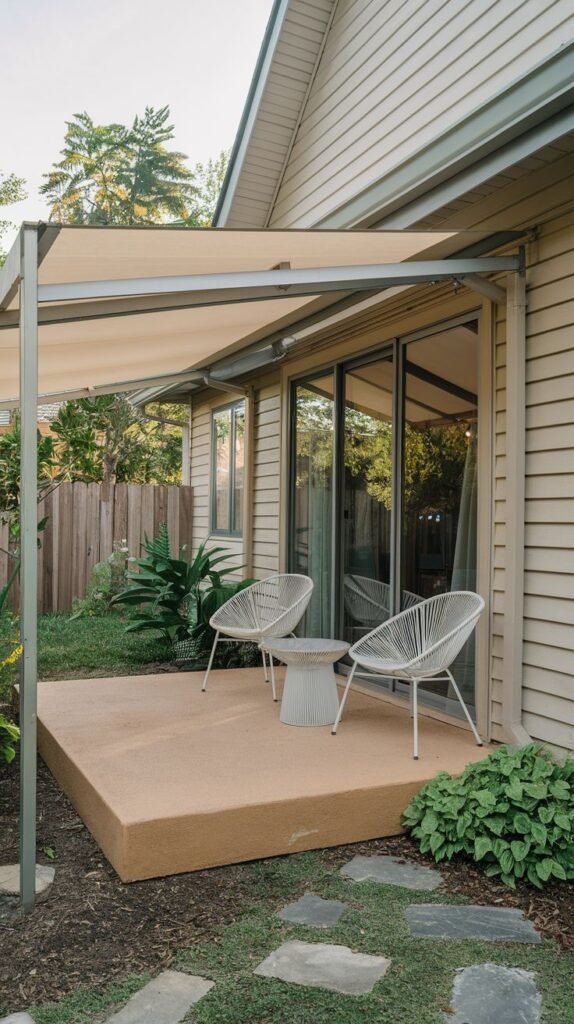 Contemporary concrete patio with a retractable beige fabric awning supported by a sleek metal frame. Furnished with two modern white woven outdoor chairs.