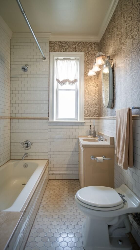 Small Full Bathroom featuring white subway tile wainscoting, light tan hexagonal floor tiles, a built-in tub, a beige vanity, toilet, and patterned wallpaper.
