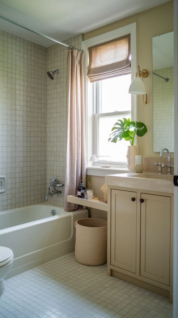 Small Full Bathroom featuring small light beige grid tiles, a beige vanity with an integrated horizontal wood shelf running beneath the window, a large woven storage basket, and a subtle wall sconce.