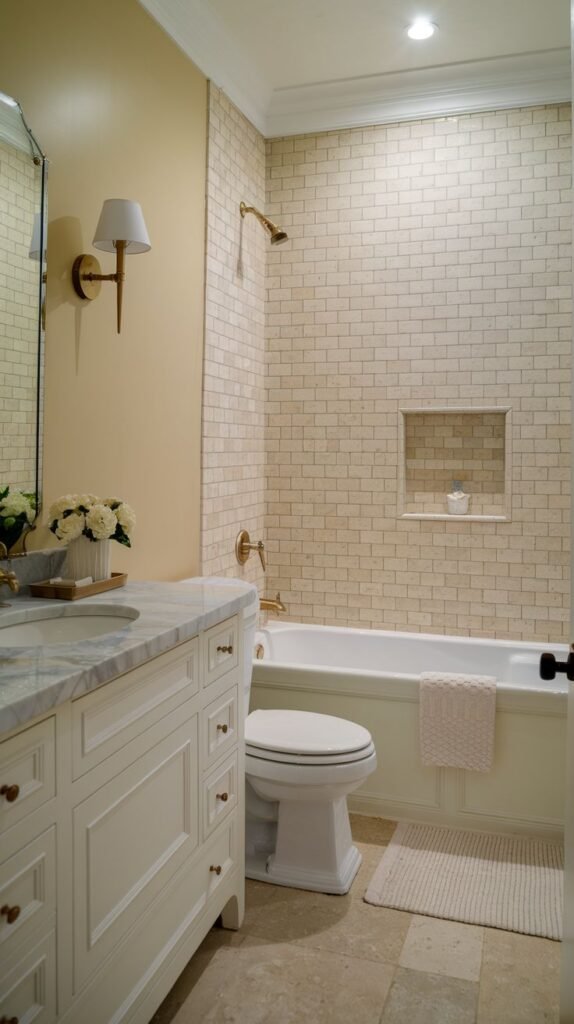 Small Full Bathroom with an elegant white paneled vanity, marble countertop, pale beige rectangular tiles in the shower with a recessed niche, and gold-toned fixtures.