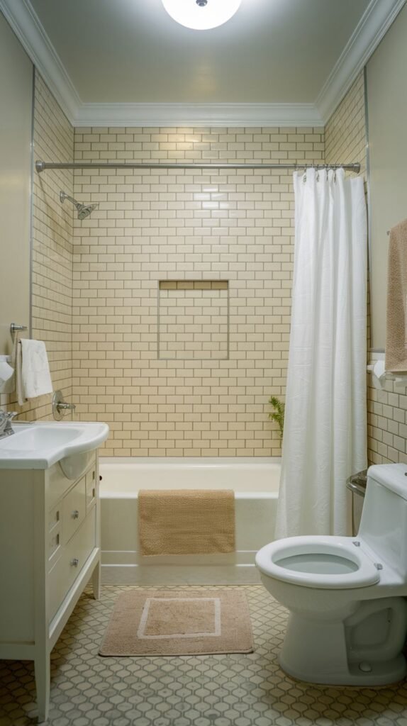 Small Full Bathroom with beige subway tile tub surround, a gray and white geometric patterned floor tile, a white vanity sink, toilet, and a centered recessed shower niche.