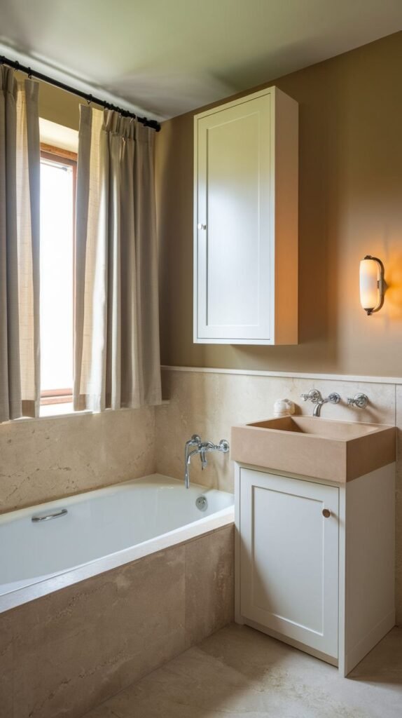 Small Full Bathroom with warm tan walls, light natural stone tile wainscoting and floor, a built-in tub, a white vanity cabinet with an integrated light brown stone sink, and a high white storage cabinet.